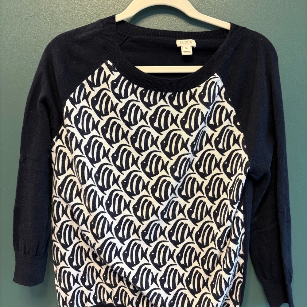 J.Crew 100% Cotton Navy & White Fish-Print Raglan Cottagecore Sweater size M - Picture 1 of 5